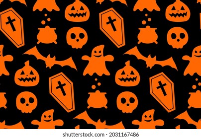 Seamless repeating pattern with Halloween symbols. Design of silhouettes for the holiday Halloween. for postcard, fabric, banner, template, wrapping paper. Vector flat illustration