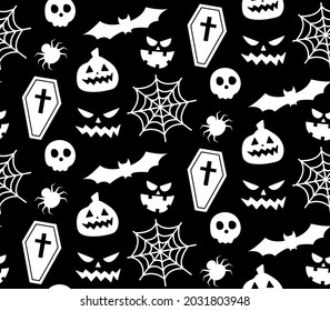Patrón de repetición sin inconvenientes con símbolos de Halloween. Diseño de siluetas para la fiesta de Halloween. para postcard, fabric, banner, plantilla, papel envolvente. Ilustración plana del vector