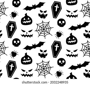 Seamless repeating pattern with Halloween symbols. Design of silhouettes for the holiday Halloween. for postcard, fabric, banner, template, wrapping paper. Vector flat illustration