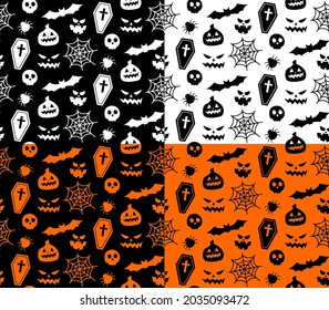 Seamless repeating pattern with Halloween symbols. Design of silhouettes for the holiday Halloween. for postcard, fabric, banner, template, wrapping paper. Vector flat illustration