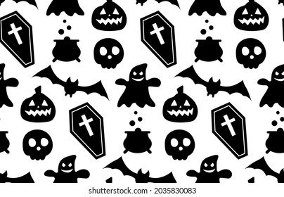 Nahtlose Wiederholung mit Halloween-Symbolen. Design der Silhouetten für den Urlaub Halloween. für Postkarte, Stoff, Banner, Vorlage, Umhüllungspapier. Vektorgrafik