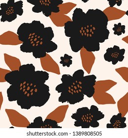 Seamless repeating pattern with hand drawn flower blossoms and leaves in black and brown on cream background. Modern and stylish fabric, wallpaper, branding and packaging design.