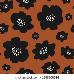 Seamless repeating pattern with hand drawn flower blossoms in black and white on brown background. Modern and stylish fabric, wallpaper, branding and packaging design.
