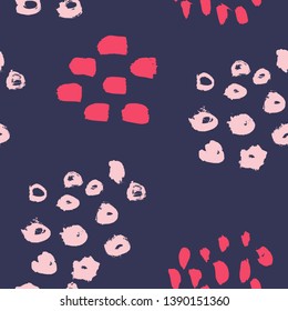 Seamless repeating pattern with hand drawn abstract textured shapes in pink on dark purple background. Bold colorful texture fabric, wallpaper, stationery, packaging design.