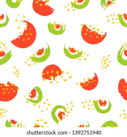 Seamless repeating pattern with hand drawn slices of watermelon and shapes on white background.