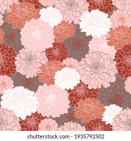 Seamless repeating pattern with hand drawn chrysanthemum flowers in grey, maroon, peach pink, terracotta, white. Decorative print for wallpaper, wrapping, textile, fabric, greetings.