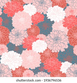 Seamless repeating pattern with hand drawn chrysanthemum flowers in teal blue, peach pink, red, white colors. Decorative print for wallpaper, wrapping, textile, fabric, greetings. Vector EPS10.