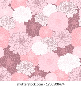Seamless repeating pattern with hand drawn chrysanthemum flowers in pastel pink, plum, white colors. Decorative print for wallpaper, wrapping, textile, fabric, wedding invitations, greetings, banners.