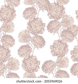 Seamless repeating pattern with hand drawn chrysanthemum aster flowers in brown line. Decorative print for wallpaper, wrapping, textile, fabric, greetings.