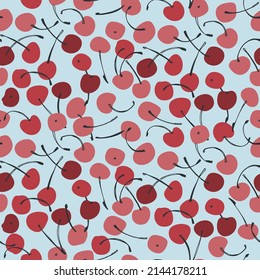Seamless repeating pattern with hand drawn cherries with stems. Colorful vector illustration on light-blue background for surface design and other design projects