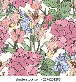 Seamless repeating pattern with hand drawn simple colored hydrangea, tulips, Matthiola flowers. Decorative print for wallpaper, wrapping, textile, fabric, greetings.