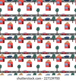 Seamless repeating pattern of hand drawn houses, cars and trees on a white background.