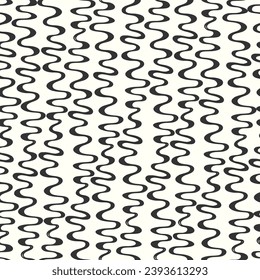 Seamless repeating pattern with hand drawn futuristic abstract black and white curved and rounded shapes Y2K bug style, for surface design and other design projects