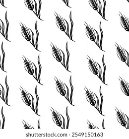 A seamless repeating pattern of hand drawn wheat stalks against a plain white background