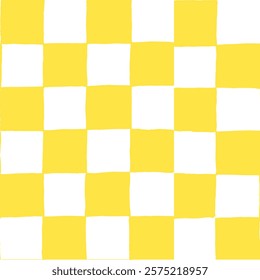 seamless repeating pattern with hand drawn checkerboard in bright lemon yellow and white. Trendy background for swim, beach, kitchen, packaging, fabric, wallpaper, phone case design.