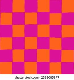 seamless repeating pattern with hand drawn checkerboard in hot pink and white. Fuchsia pink checker with yellow squares. Trendy background, packaging, fabric, wallpaper, phone case design