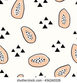 Seamless repeating pattern with hand drawn papayas and triangle shapes on light cream background. Modern textile, greeting card, poster, wrapping paper designs.