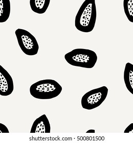 Seamless repeating pattern with hand drawn papayas in black on cream background. Modern textile, greeting card, poster, wrapping paper designs.