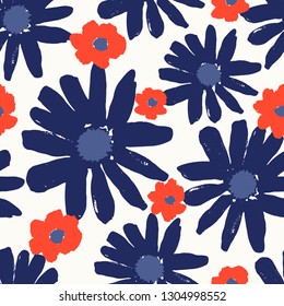 Seamless repeating pattern with hand painted flower blossoms in red, blue, navy and white. Hand drawn vector illustration, perfect for creating fabrics, greeting cards, wrapping paper, packaging.