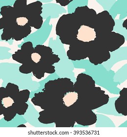Seamless repeating pattern with hand painted gray flowers on a background of green brush strokes.
