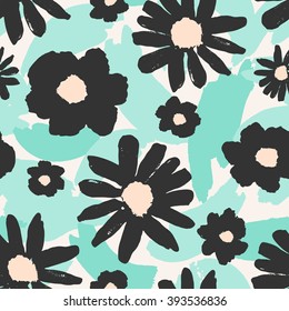 Seamless repeating pattern with hand painted gray flowers on a background of green brush strokes.