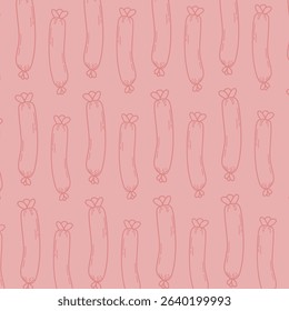 Seamless repeating pattern of hand-drawn red sausages on a white background. Fun and quirky food-themed design suitable for packaging, fabric, kitchen wallpaper, wrapping paper, and culinary projects.