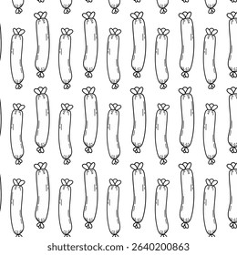 	
Seamless repeating pattern of hand-drawn sausages on a white background. Fun and quirky food-themed design suitable for packaging, fabric, kitchen wallpaper, wrapping paper, and culinary project