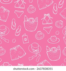 Seamless repeating pattern of hand-drawn summer beach accessories including swimwear, hats, flip flops, seashells, bags, and sunscreen on pink background.