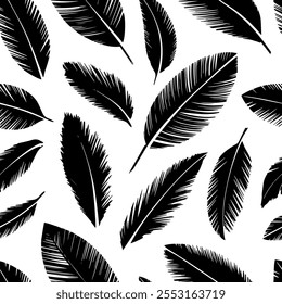  Um padrão de repetição sem costura de folhas desenhadas à mão, texturizadas com presilhas negras pretas pretas preenche o vetor