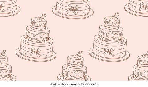 Seamless repeating pattern of hand-drawn tiered cakes with cherries, in a simple brown outline style on a pink background.