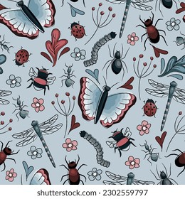 Seamless repeating pattern. Handdrawn watercolor bugs like butterflies, ladybugs, dragonflies and other.