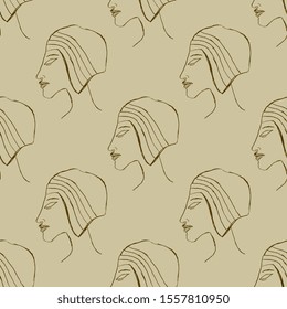 Seamless repeating pattern with heads of ancient Egyptian pharaoh Akhenaten. Hand drawn linear silhouettes.