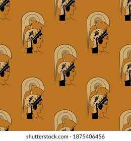 Seamless repeating pattern with heads of Athena Pallas in helmet. Ancient Greek goddess.