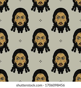 Seamless repeating pattern with heads of Jesus Christ. Russian Orthodox icon. Face of male saint.