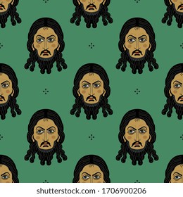 Seamless repeating pattern with heads of Jesus Christ. Russian Orthodox icon. Face of male saint.