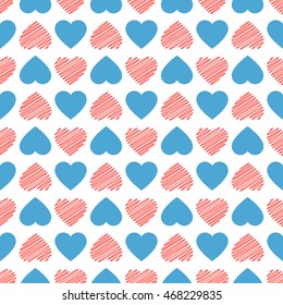 Seamless repeating pattern. Hearts red  painted lines and blue.Vector illustration.