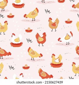 Seamless repeating pattern with hens, nests and eggs in nest. Vector illustration