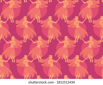 Seamless repeating pattern of hula dancers on purple background