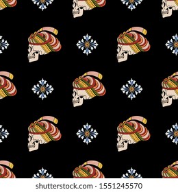 Seamless repeating pattern with human skulls in oriental turbans and vintage jewelry. Pirate ornament.