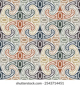 Seamless repeating pattern with interconnected multicolored geometric elements, outlined by thin white lines. Modern ethnic style. Vector illustration.