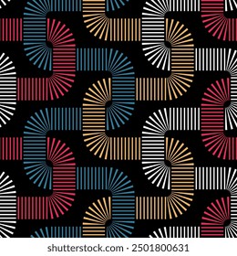 Seamless repeating pattern with interlaced dashed wavy lines on a black background. Multicolor geometric striped design. Ethnic dash art with small blue, red, white, and yellow rectangles.