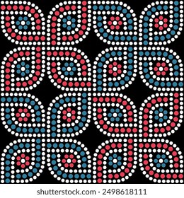 Seamless repeating pattern with interlaced dotted lines on a black background. Geometric striped design in retro style. Ethnic dot art with small white, blue, and red circles. 