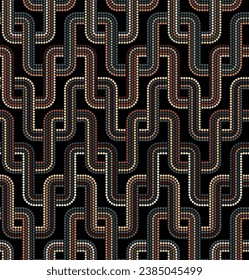 Seamless repeating pattern with interlaced wavy dotted lines on a black background. Multicolor geometric striped design. Ethnic dot art with small brown, grey, and green circles. Vector illustration.