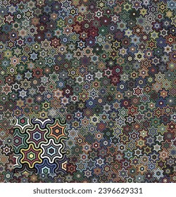 Seamless repeating pattern with interlocking concentric wavy stars. Abstract multicolored background. Folkloric vintage design. Tessellated geometric surface. Vector illustration.