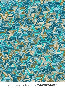 Seamless repeating pattern with interlocking multicolored striped hexagons. Abstract geometric background. Retro mosaic style. Vector illustration for fabric, textile, wrapping, and print. 