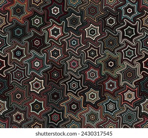 Seamless repeating pattern with interlocking striped geometric elements in the shape of wavy stars or hexagons. Modular design. Abstract background. Multicolored modern ethnic style. 