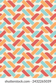 Seamless repeating pattern with intertwined zigzag stripes in light blue, yellow, and red on a white background. Retro design made with small rectangular tiles. Abstract geometric style. 