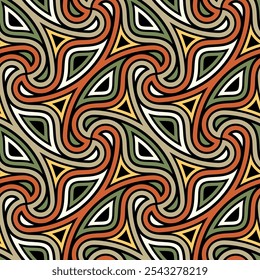 Seamless repeating pattern with an intricate design of interlocking wavy geometric elements. Modern ethnic style in black, white, green, and orange. Graphic vector illustration.