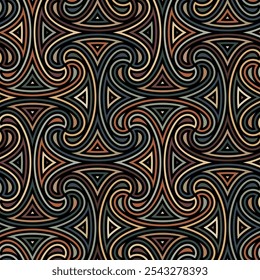 Seamless repeating pattern with an intricate design of interlocking wavy geometric elements, outlined with concentric thin lines in brown, green, and black. Modern ethnic style. Vector illustration.