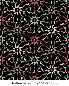 Seamless repeating pattern with an intricate design of abstract, stylized flowers forming a geometric mesh on a black background. Contemporary ethnic style. Geometric vector illustration.